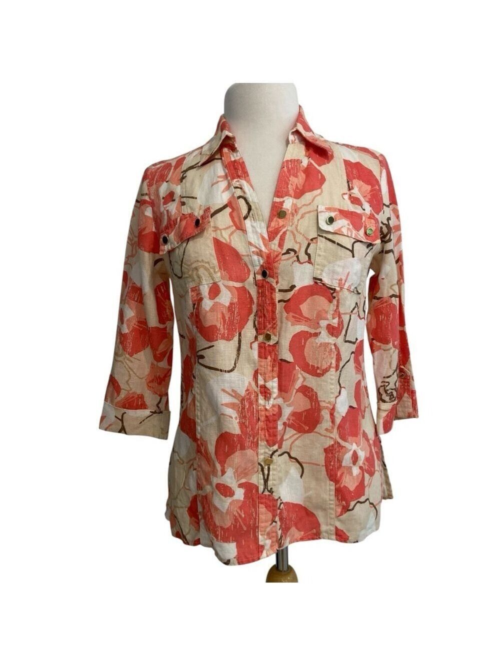 2/40$ JM Collection petite button down shirt white & tangerine blouse 100% linen